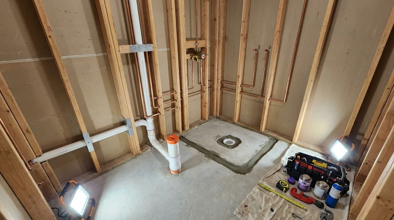 Bathroom rough-in plumbing during remodel by Johns Plumbing LLC in Carrizo Springs