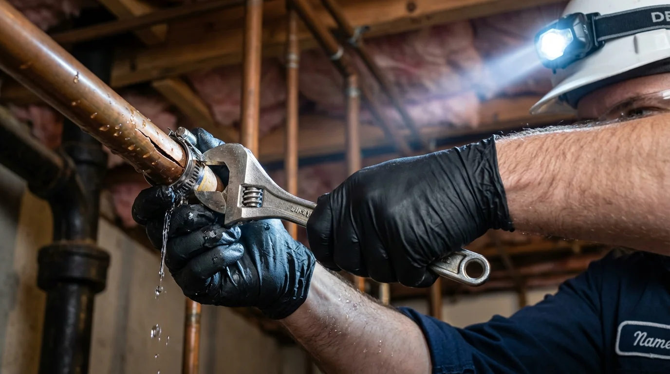 Emergency pipe clamp repair being performed by a Johns Plumbing LLC plumber in Carrizo Springs