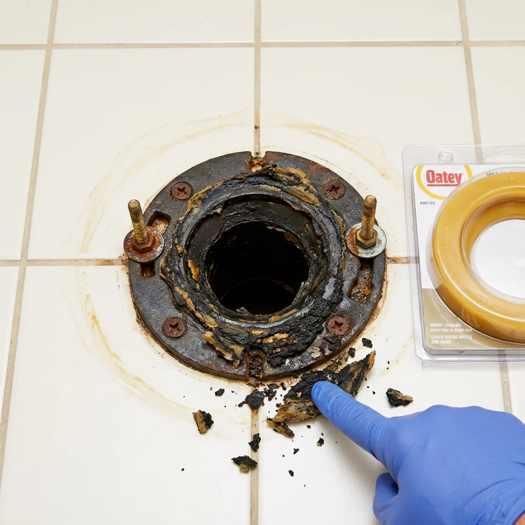 Failed wax ring showing water seepage at the base of a toilet in a Carrizo Springs, TX home