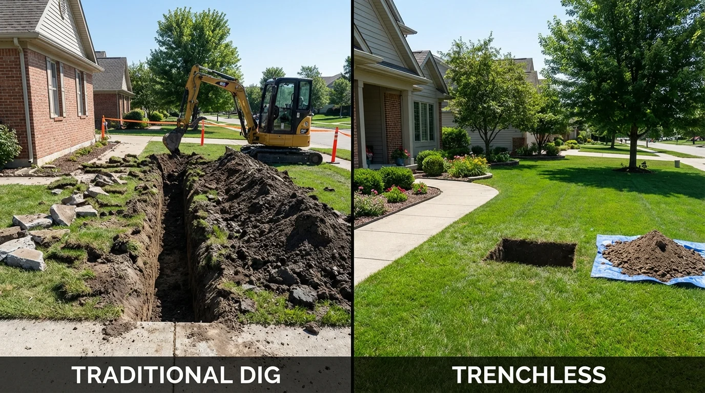 Trenchless sewer repair with minimal yard damage versus traditional excavation in Carrizo Springs, TX